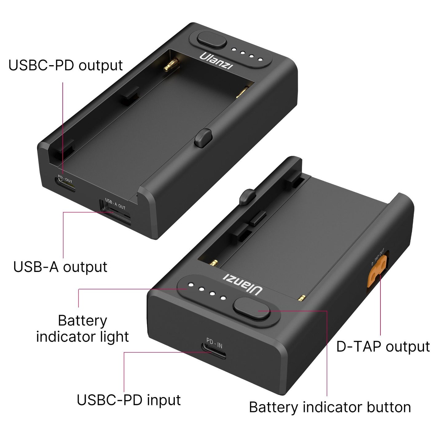 ULANZI NP-F01 Camera Battery Charger Multi-functional  Adapter for F550/F750/F970 NP-F Batteries 22W Bi-directional Quick Charger with Type-C PD Input &amp; Output/ USB-A &amp; D-TAP Outputs
