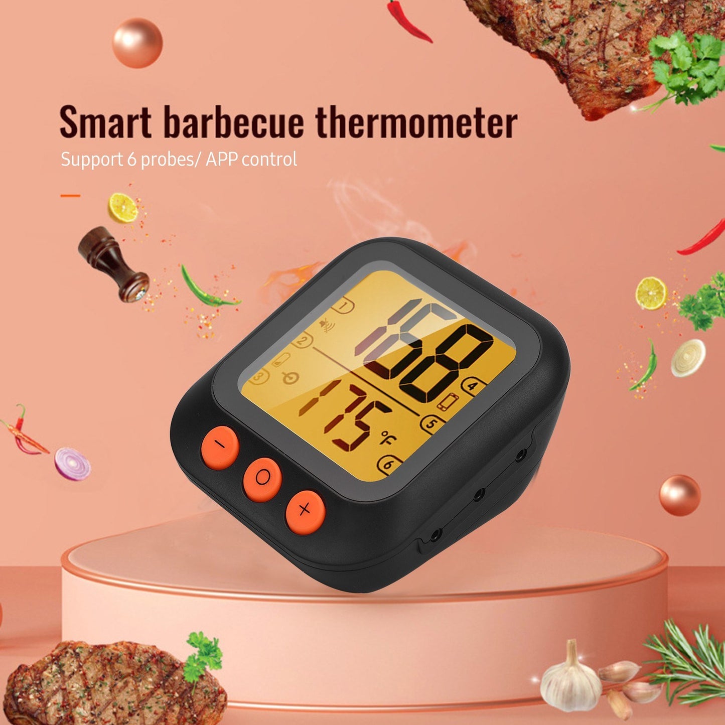 Digital LCD Display Smart Meat Thermometer with 4 Probes 262ft BT Distance APP Remote Control Timer Sharing Alarm Temperature Smart Cooking Thermometers for Barbeque Grill Oven Kitchen