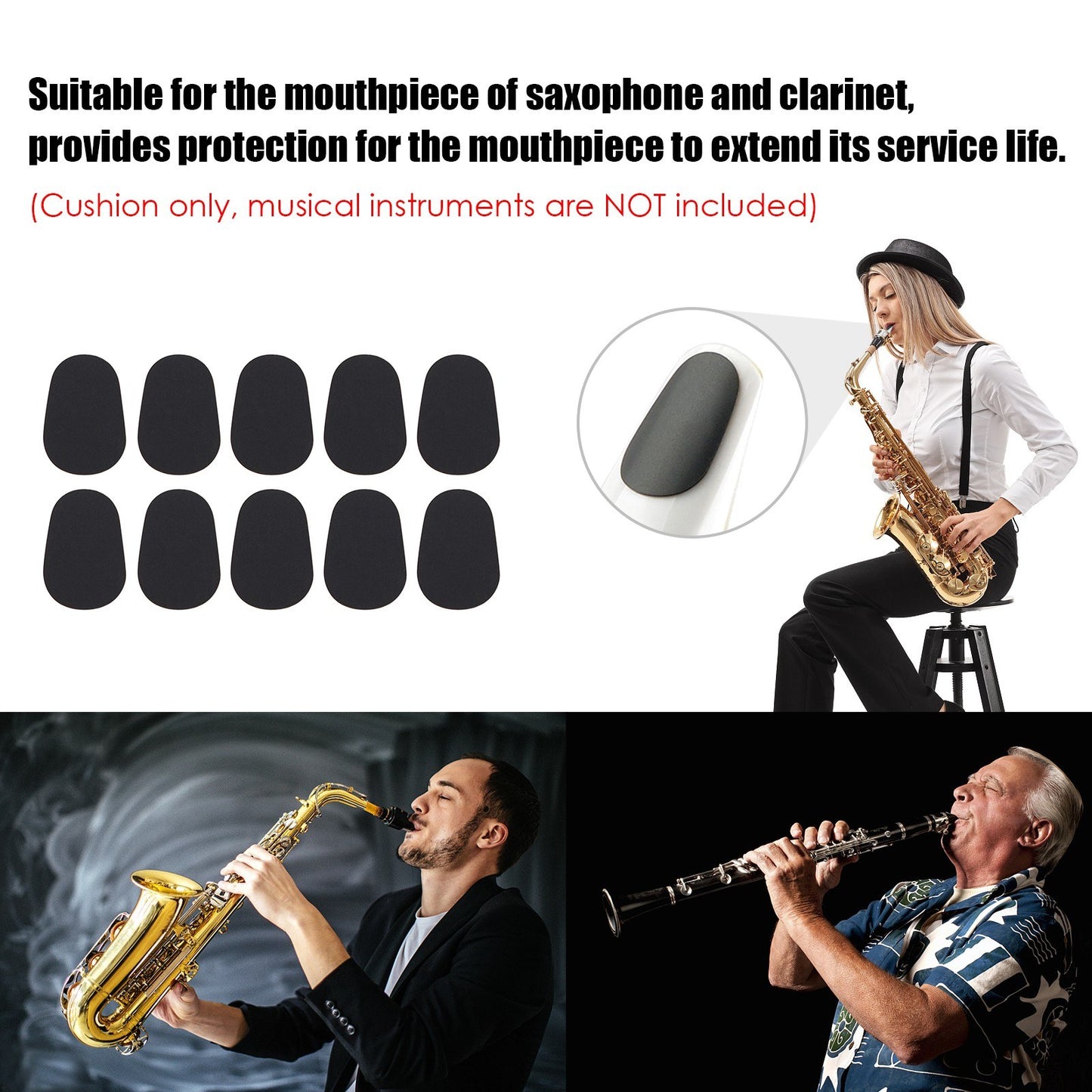 10PCS For Saxophone Clarinet Mouthpiece Silicone Pads Patch Cushion 0.5mm Thick Pad - Black