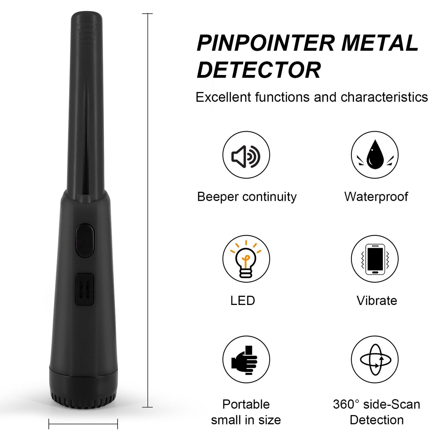 Portable Handheld Metal Pin Pointer GP-Pointers Rod Detector Underground Wiring Detector 360-Degree Search Gold Finder Bolt Finder with Spring Buckle/Wrist Guard/Waterproof Bag/Battery - Black