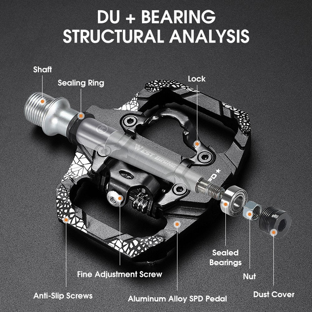1Pair Metal MTB Bike Pedals Dual Platform SPD Clipless Wear-resistant Bicycle Pedals Sealed Bearing for Mountain Road Bikes - Black