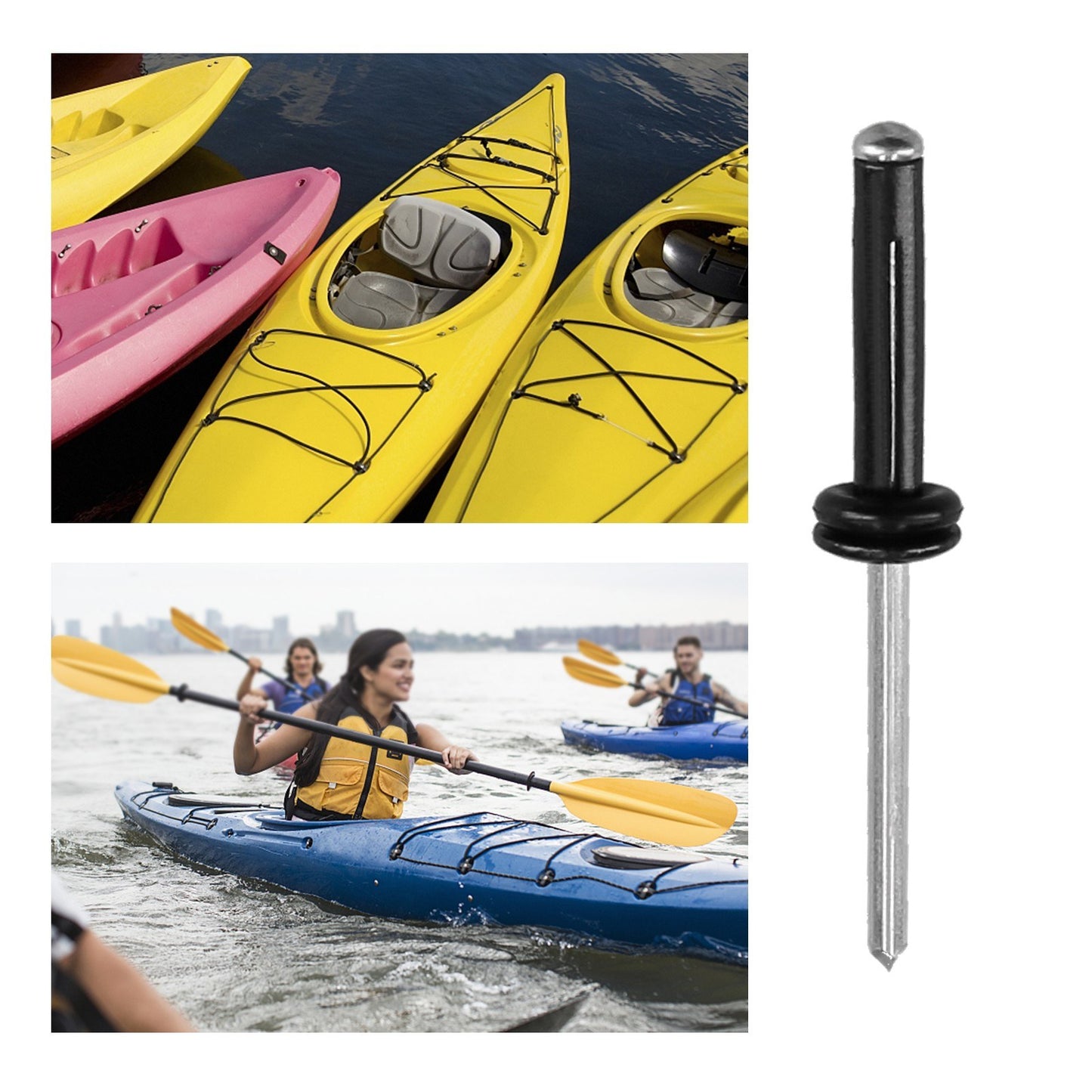 20Pcs Tri-Grip Rivets Kayak Pad Eye Deep Water Long Grip Tri-Fold Mounting Rivet with O Rings Set for Kayak Canoe Boat