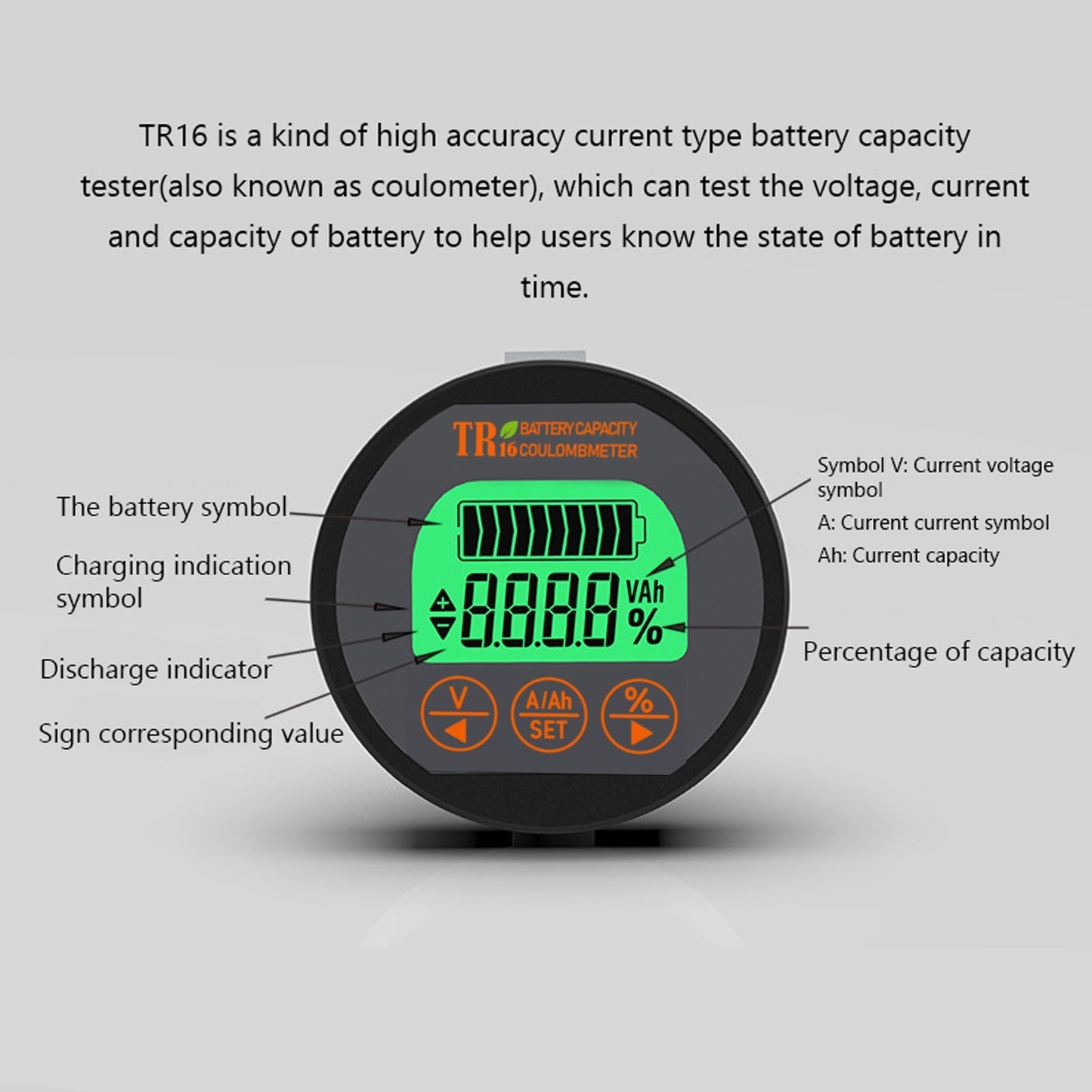 TR16 8-120V Waterproof Battery Capacity Tester Voltage Current LCD Display with Memory Function