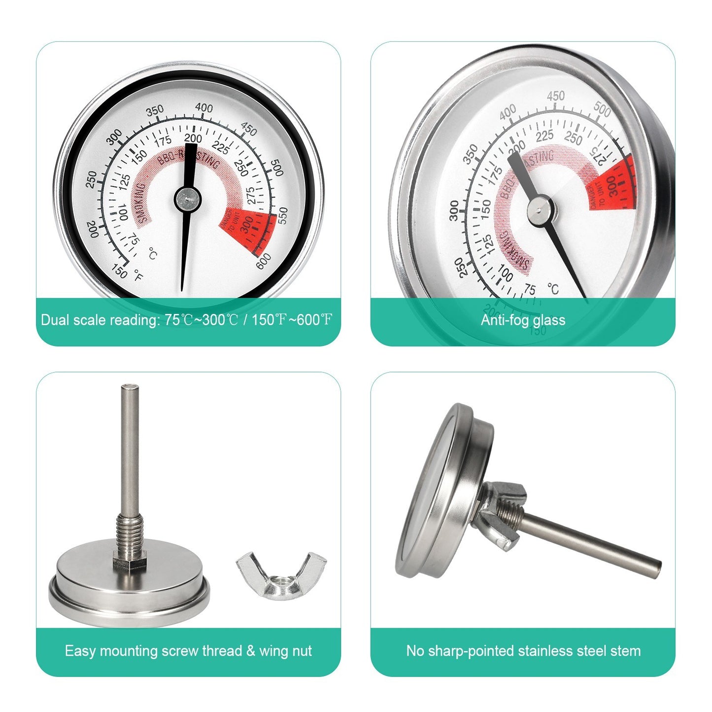 Kitchen Oven Dial Thermometer Stainless Steel Bi-Metal Bi-Metal Sensor Dual Scale 75-300 Celsius / 150-600 Fahrenheit Thermometer