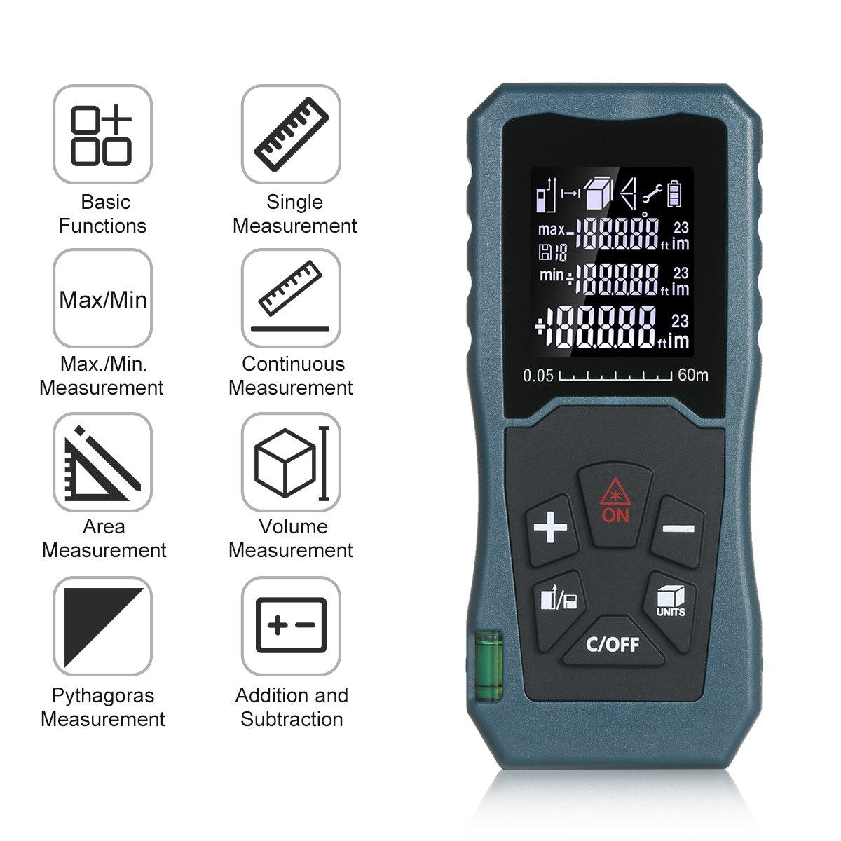 Laser Distance Meter Bubble Level Handheld 1.6-inch LCD Diastimeter Pythagorean Mode Measure Distance Area and Volume - 60m