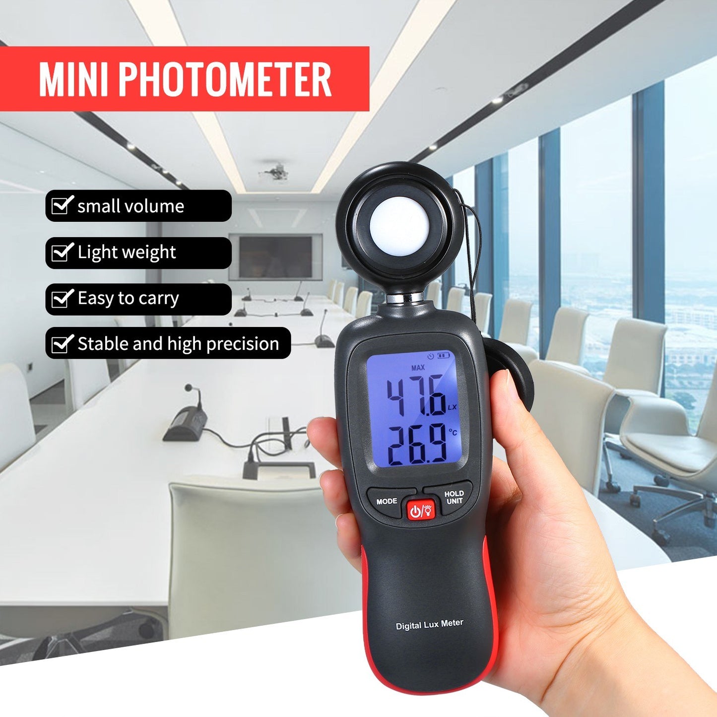 Handheld Light Meter LCD Display Digital Lux Meter with Range up to 200,000 Lux with Max / Min / Data Hold Mode