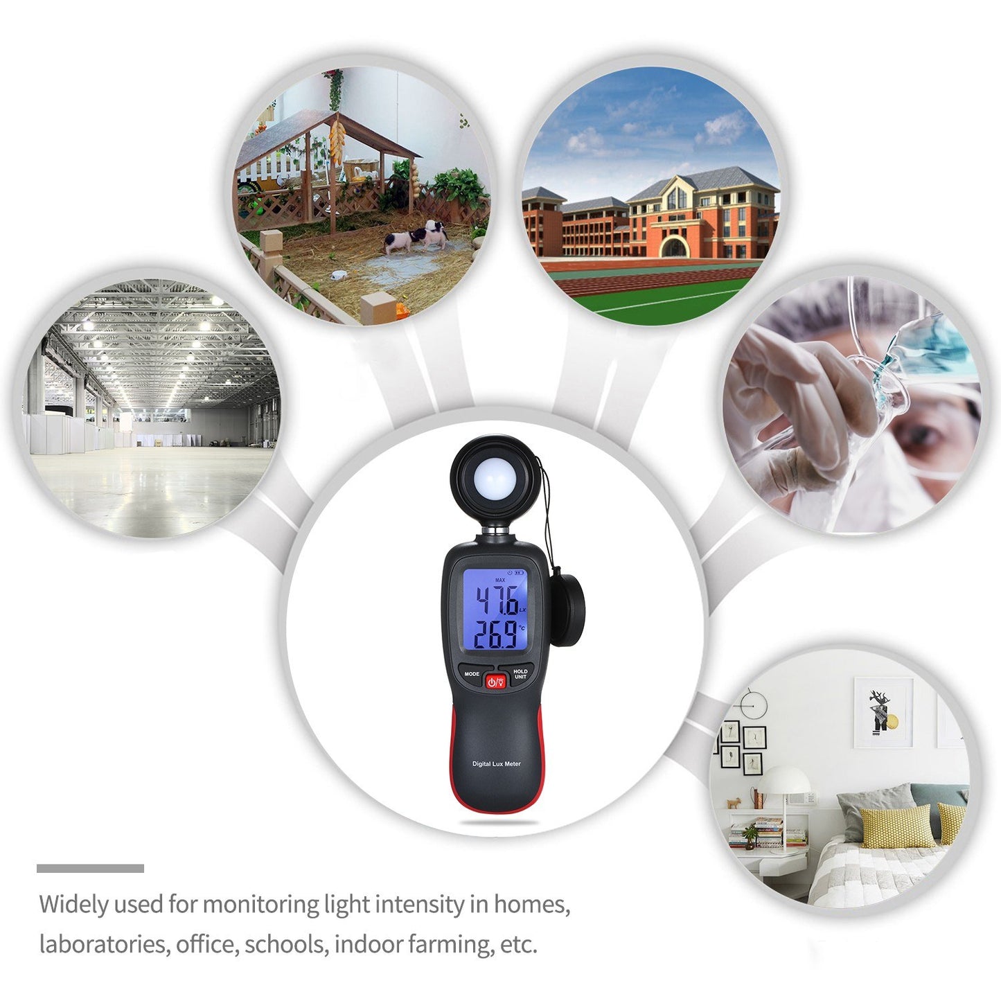 Handheld Light Meter LCD Display Digital Lux Meter with Range up to 200,000 Lux with Max / Min / Data Hold Mode