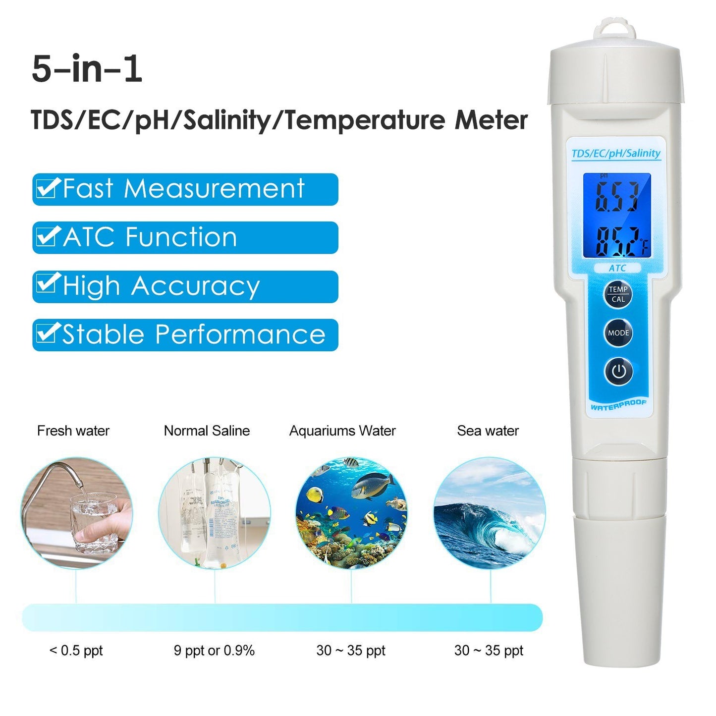 5-in-1 pH Meter Lightweight Durable Waterproof Multi-functional TDS / EC / pH / Salinity / Temperature Meter Water Quality Tester