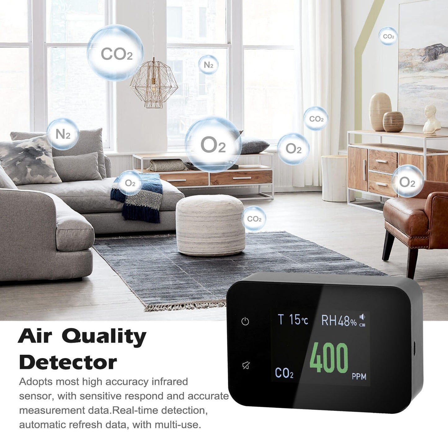 Household Air Quality Detector Portable Realtime Detection Multi-functional CO2 Tester with Temperature Humidity Display Function