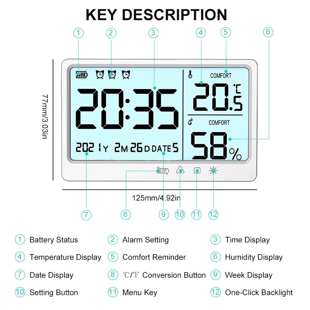 Room Thermometer Hygrometer Digital Humidity Meter Temperature Monitor Electronic Alarm Clock with Time and Date