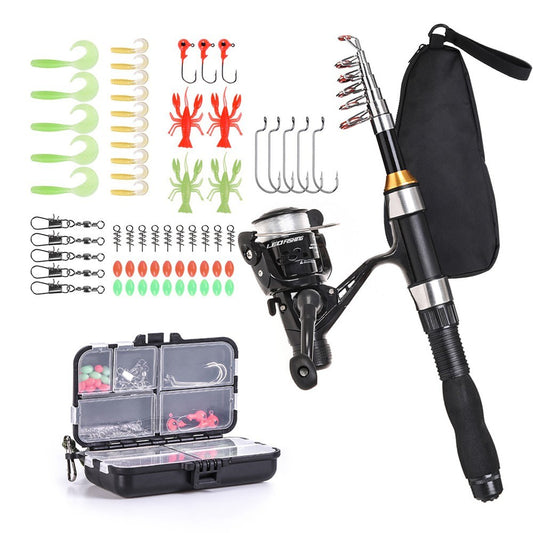 LEO 1.5m Telescopic Fishing Rod Spinning Reel Set with Hooks Soft Lures Barrel Swivels Storage Bag