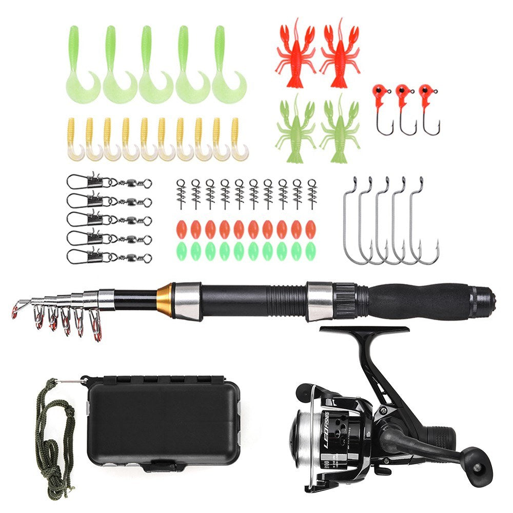 LEO 1.5m Telescopic Fishing Rod Spinning Reel Set with Hooks Soft Lures Barrel Swivels Storage Bag