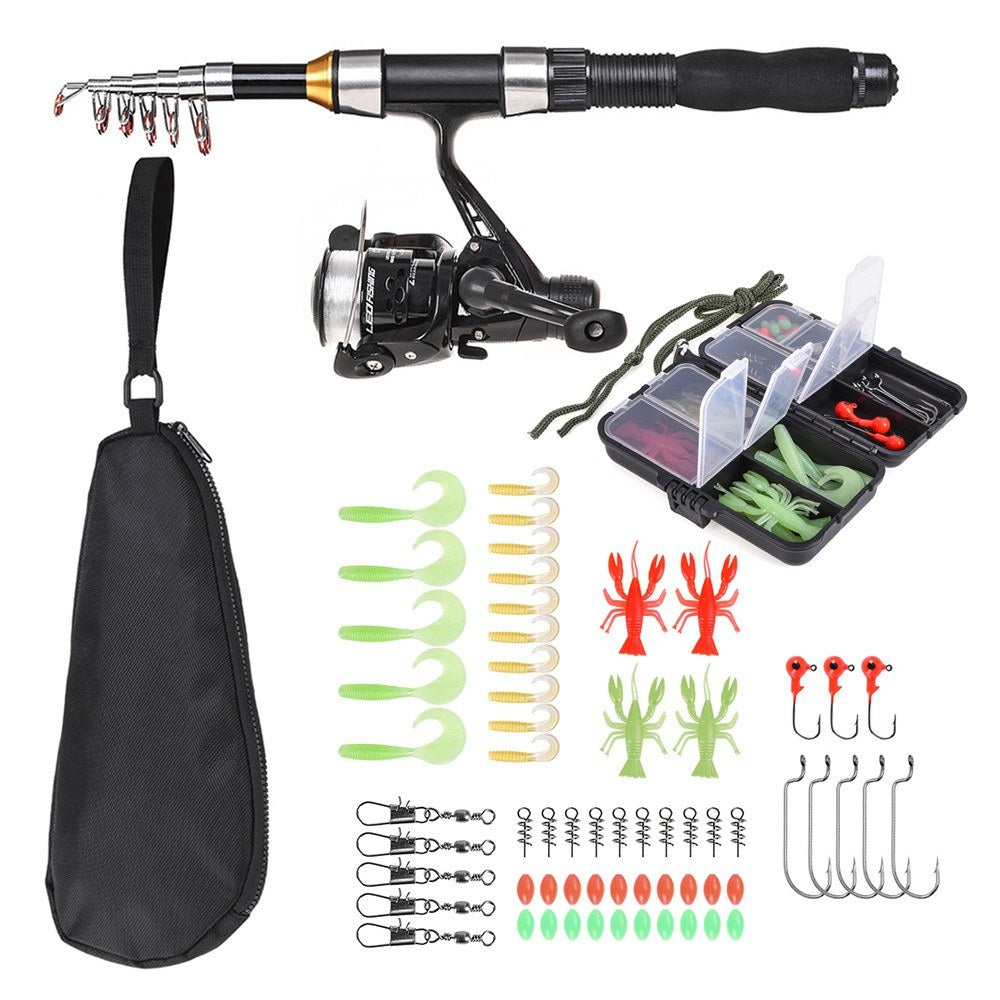 LEO 1.5m Telescopic Fishing Rod Spinning Reel Set with Hooks Soft Lures Barrel Swivels Storage Bag