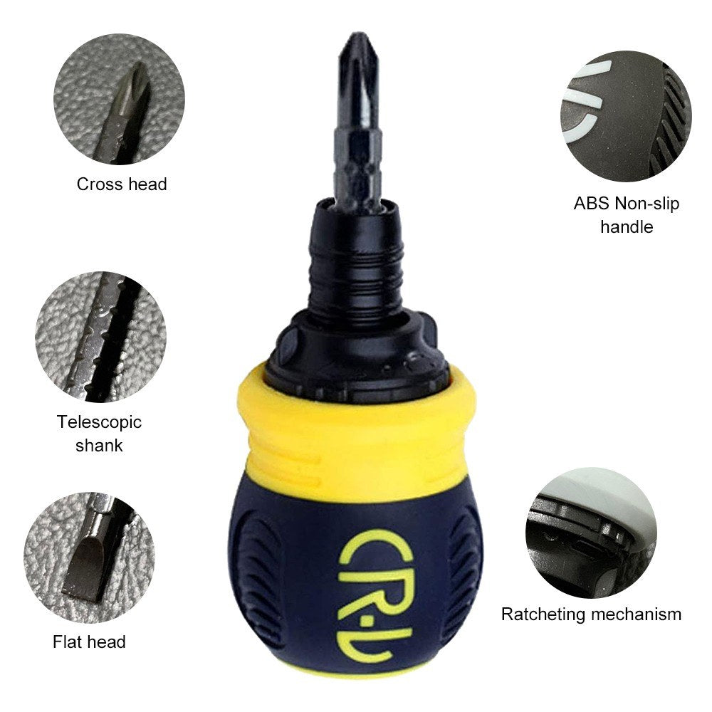 Stubby Ratchet Screwdriver Slotted and Cross Dual-end Telescoping CR-V Screwdriver Repair Tool - Yellow