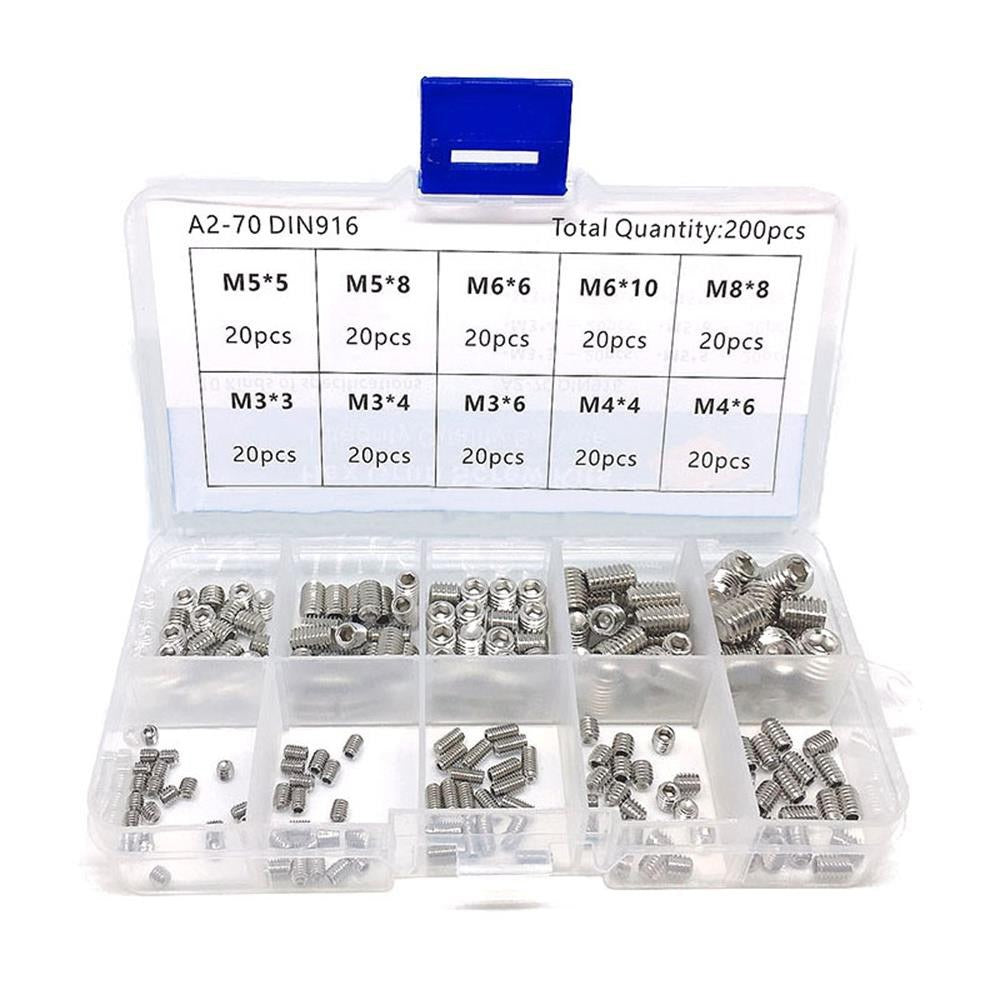 200Pcs Assortment Hex Grub Screws Kit 304 Stainless Steel M3 / M4 / M5 / M6 / M8 Grub Screws with Storage Box