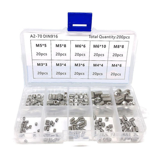 200Pcs Assortment Hex Grub Screws Kit 304 Stainless Steel M3 / M4 / M5 / M6 / M8 Grub Screws with Storage Box