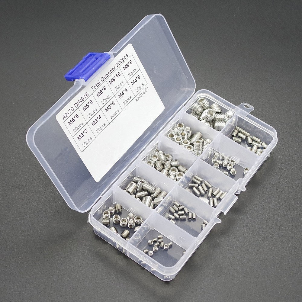 200Pcs Assortment Hex Grub Screws Kit 304 Stainless Steel M3 / M4 / M5 / M6 / M8 Grub Screws with Storage Box
