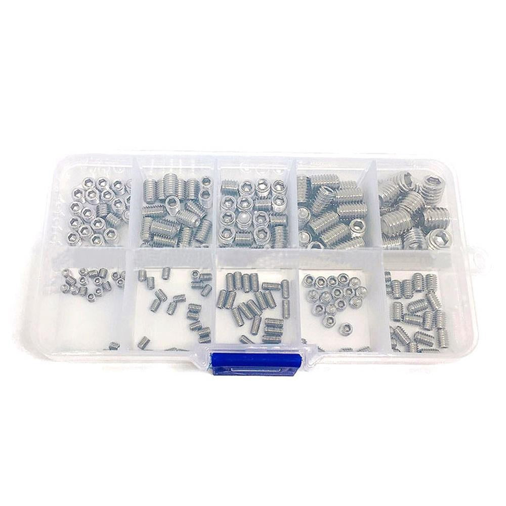 200Pcs Assortment Hex Grub Screws Kit 304 Stainless Steel M3 / M4 / M5 / M6 / M8 Grub Screws with Storage Box