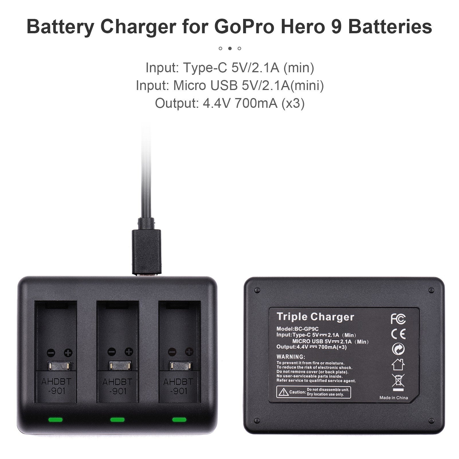 Action Camera Battery Charger for GoPro Hero 9 Batteries, 3-slot Fast Charging Hub with USB Cable