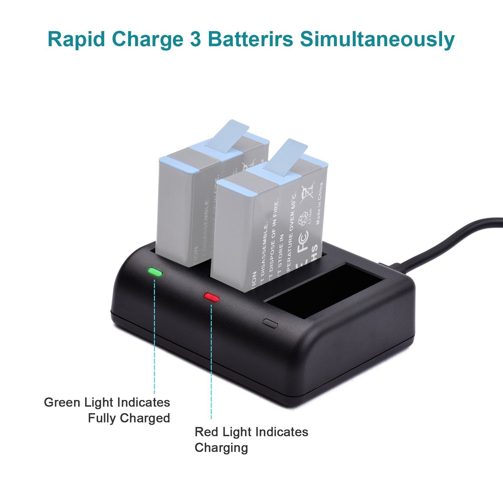 Action Camera Battery Charger for GoPro Hero 9 Batteries, 3-slot Fast Charging Hub with USB Cable