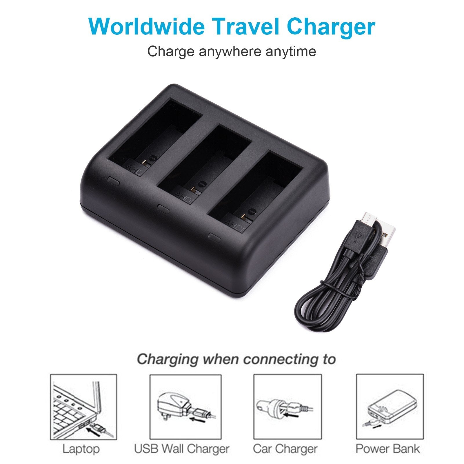 Action Camera Battery Charger for GoPro Hero 9 Batteries, 3-slot Fast Charging Hub with USB Cable