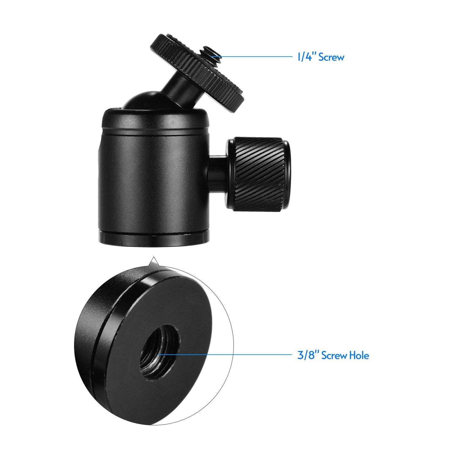 Tripod Mini Ball Head Aluminum Alloy Ballhead Tripod Mount with 1 / 4inch Screw and 3 / 8inch Screw Hole for Camera DSLR Cell Phone