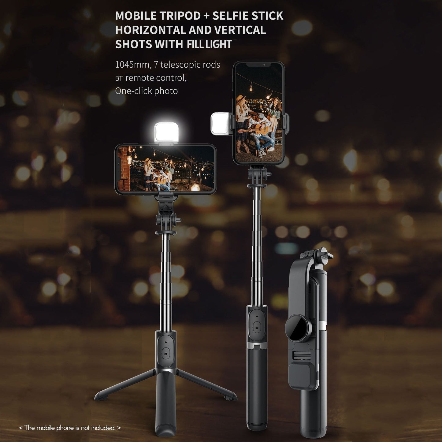 Wireless BT 4.0 Selfie Stick 104.5cm Max. Length Remote Control Extendable Tripod Stand with Fill Light for Video Recording Vlogging Live Streaming