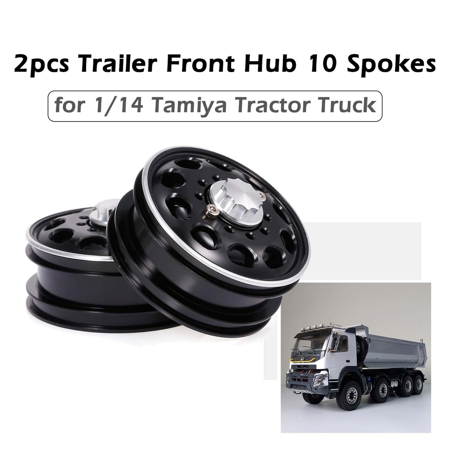 2Pcs Aluminum Alloy Trailer Front / Rear Hub Rim 10 Spokes for 1 / 14 Tamiya Tractor - Black / Front Hub
