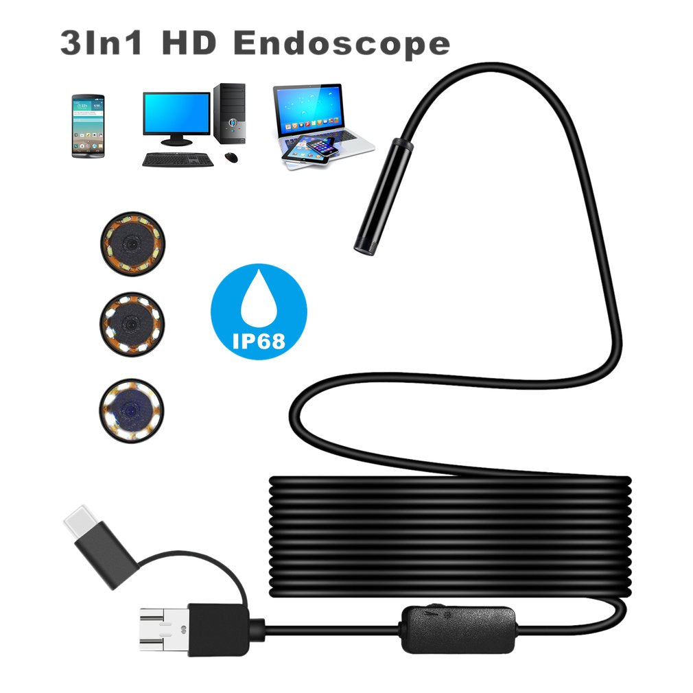 8MM Micro USB/Type-C/USB 3-in-1 HD Endoscope Waterproof Borescope Tube Camera with 8 White LED Lights - 5m Hard Wire