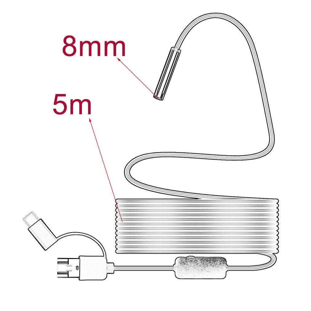 8MM Micro USB/Type-C/USB 3-in-1 HD Endoscope Waterproof Borescope Tube Camera with 8 White LED Lights - 5m Flexible Wire