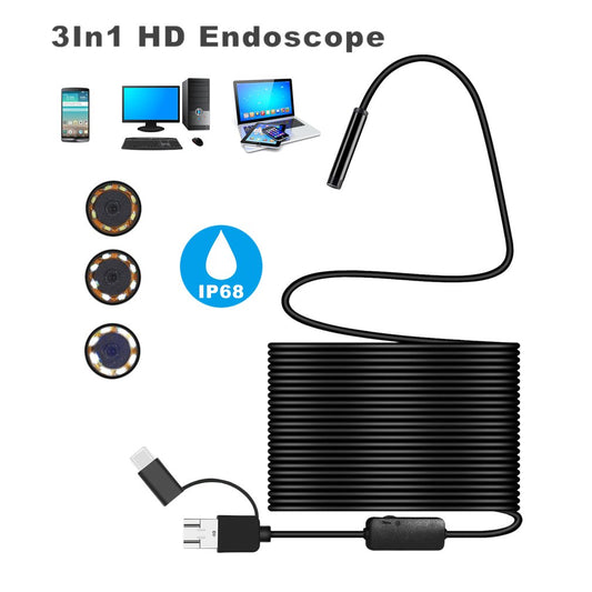 8MM Micro USB/Type-C/USB 3-in-1 HD Endoscope Waterproof Borescope Tube Camera with 8 White LED Lights - 10m Flexible Wire