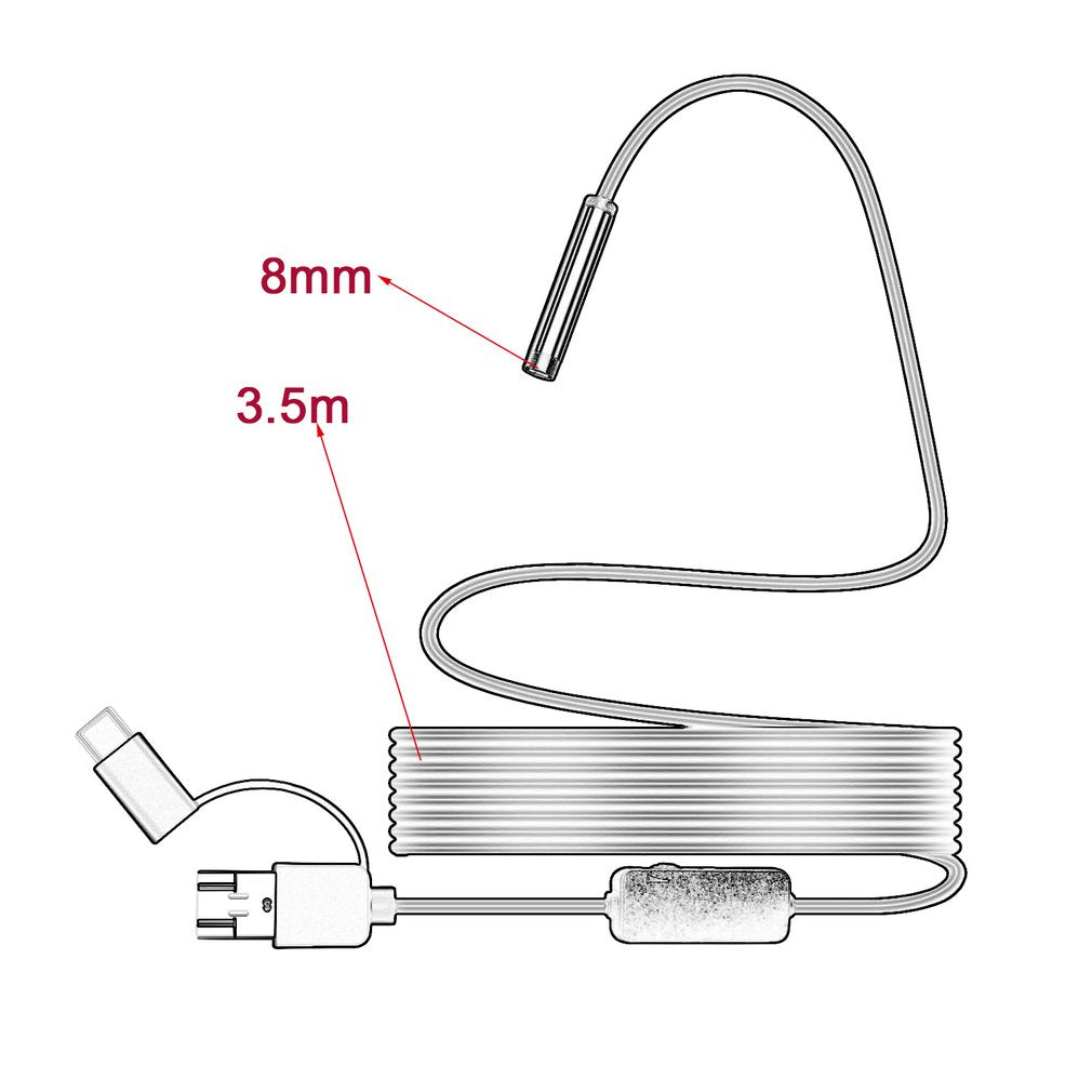 8MM Micro USB/Type-C/USB 3-in-1 HD Endoscope Waterproof Borescope Tube Camera with 8 White LED Lights - 3.5m Flexible Wire