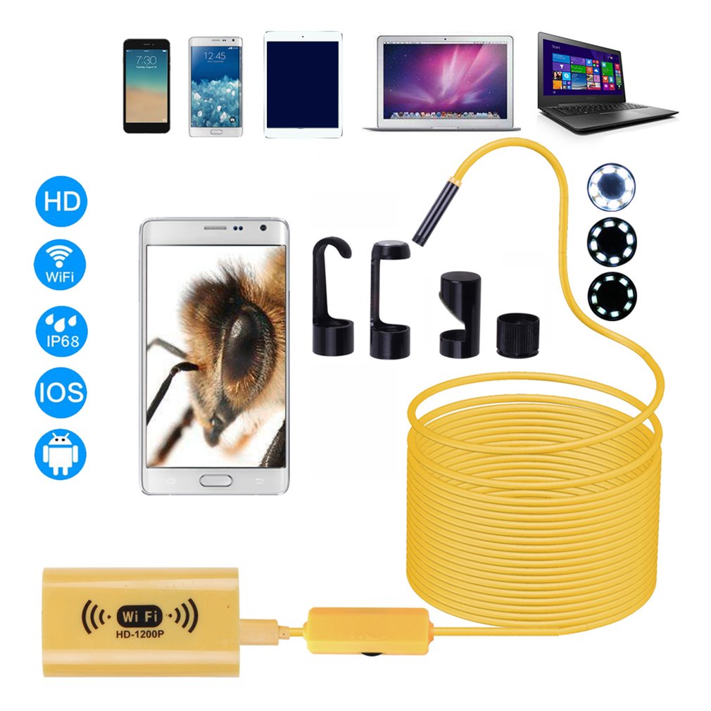 F130 HD 1200P Adjustable 8 LEDs Wifi Endoscope Camera 8.0mm IP68 Hard Cord - 5m