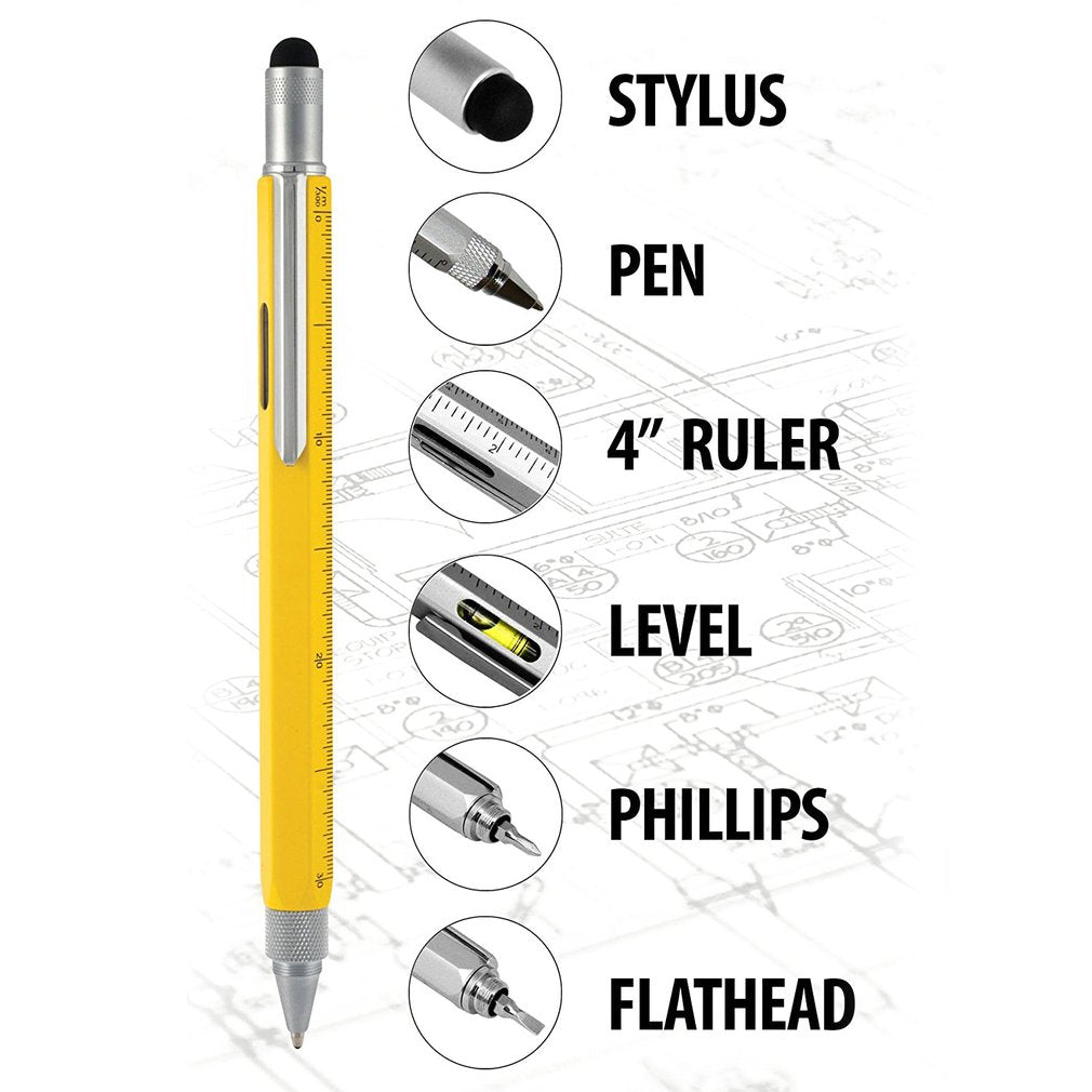 6-in-1 Ballpoint Pen Stylus Pen Screwdriver Ruler Scale Pen Tool - Yellow