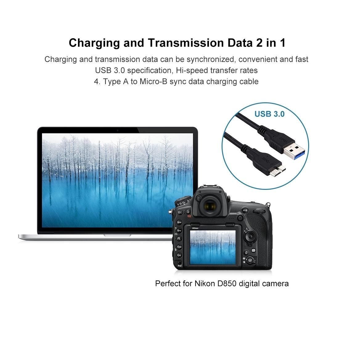 PULUZ Micro-B USB Sync Data Charging Cable for Nikon D850 D810 D800, FUJIFILM GFX 50S (Black)