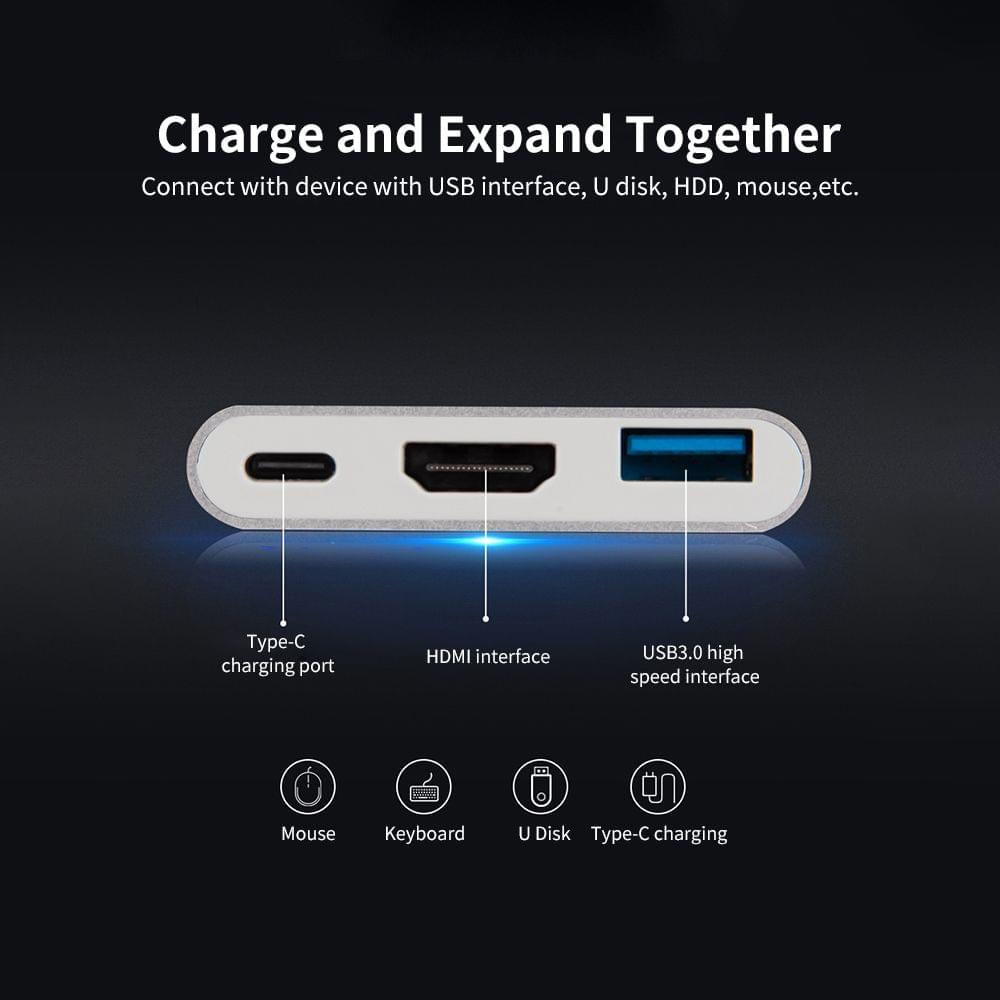 Hugeke 3 in 1 Type-C Expansion Hub USB C to HD/USB3.0/PD