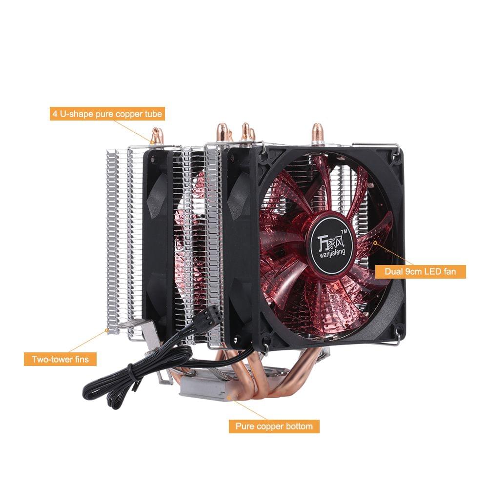 CPU Cooler Fan Heatsink 4 Heatpipe 2 Fans Quiet Heatsink