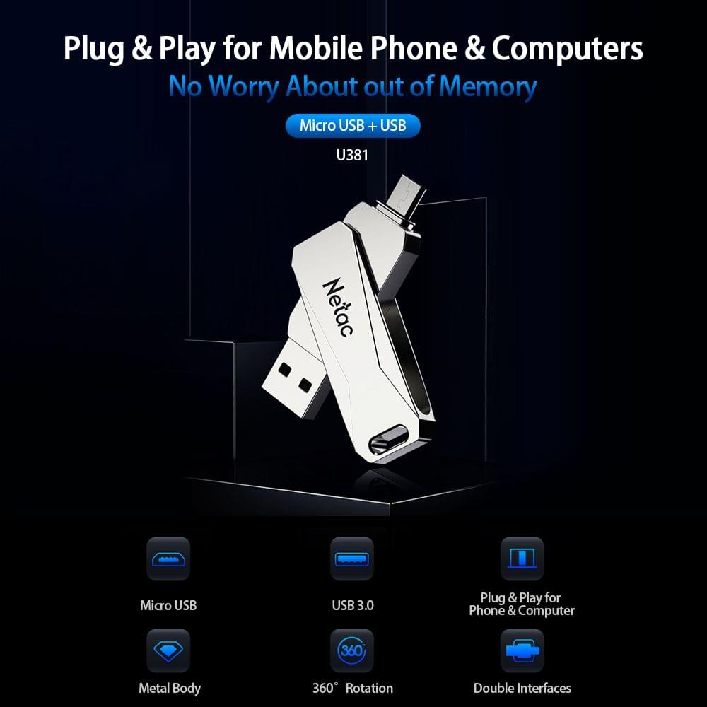 Netac U381 32GB Micro USB + USB Double Interface Flash Drive - 32GB