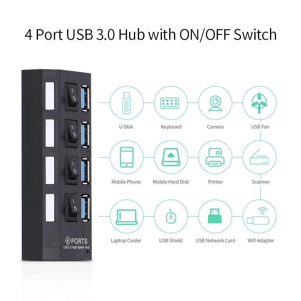 4-Port USB 3.0 HUB USB Splitter 4 Ports Expander with Switch