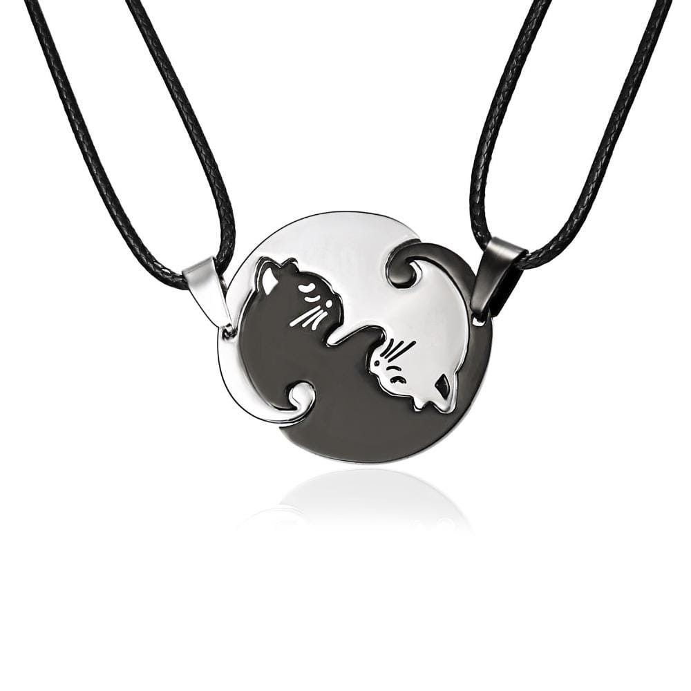 Couples Jewelry Necklaces Titanium Steel Animal Cat Pendants Necklace (White and Black Cat with Metal Chain)