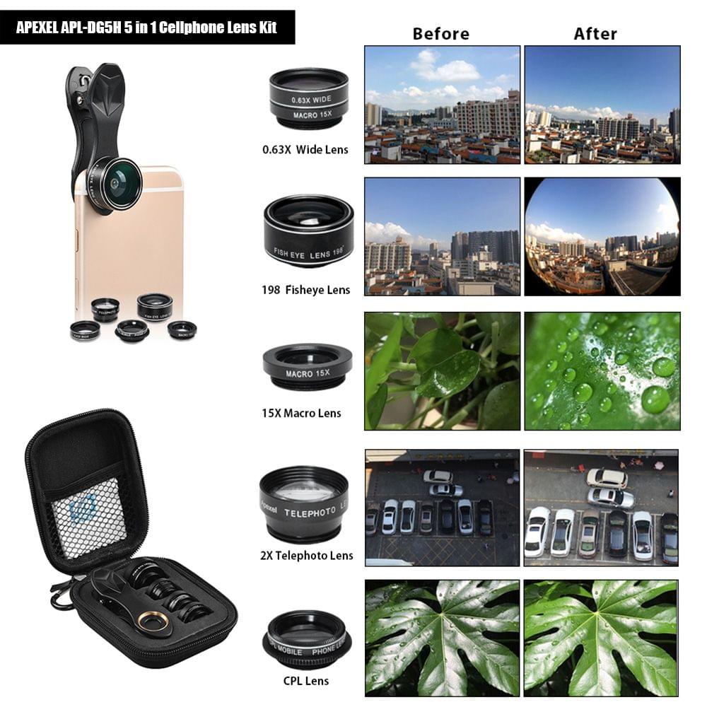 Uniqkart APL-DG5H 5 in 1 Cellphone Lens Kit 198? Fisheye Lens