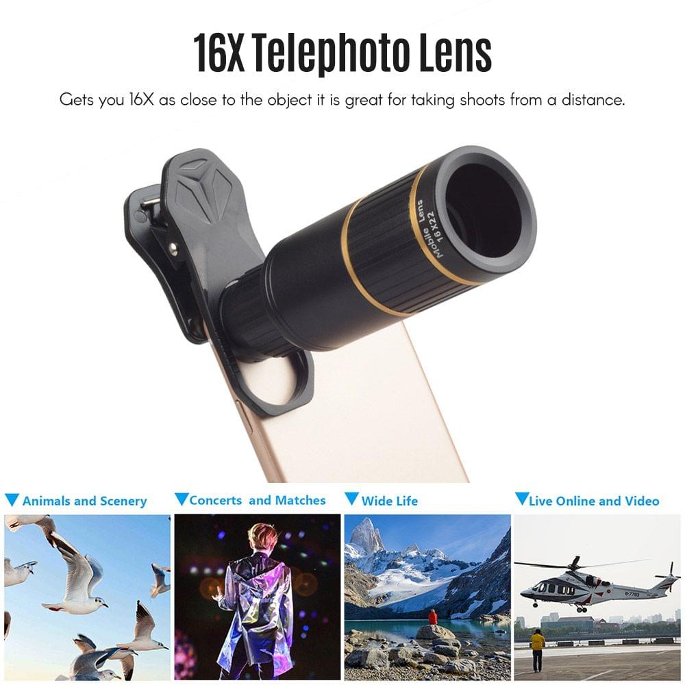 Uniqkart APL-JS16XJJ04D5 6 In 1 Phone Lens Kit 16X Zoom