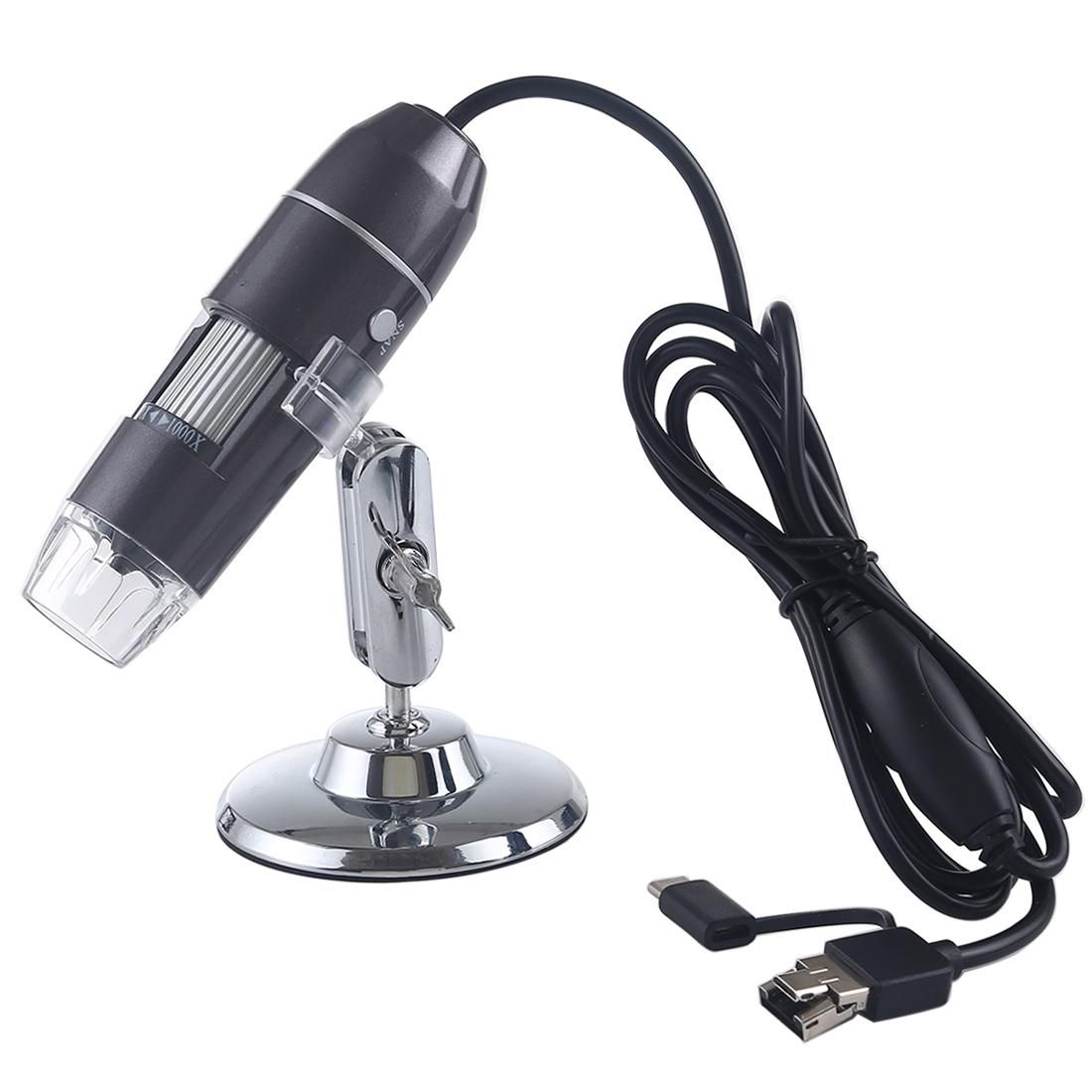 1000X Magnifier HD 0.3MP Image Sensor 3 in 1 USB Digital Microscope with 8 LED & Professional Stand (Grey)