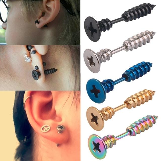 5 PCS Vacuum Plating Personality Titanium Steel Screw Stud Earrings (Silver)