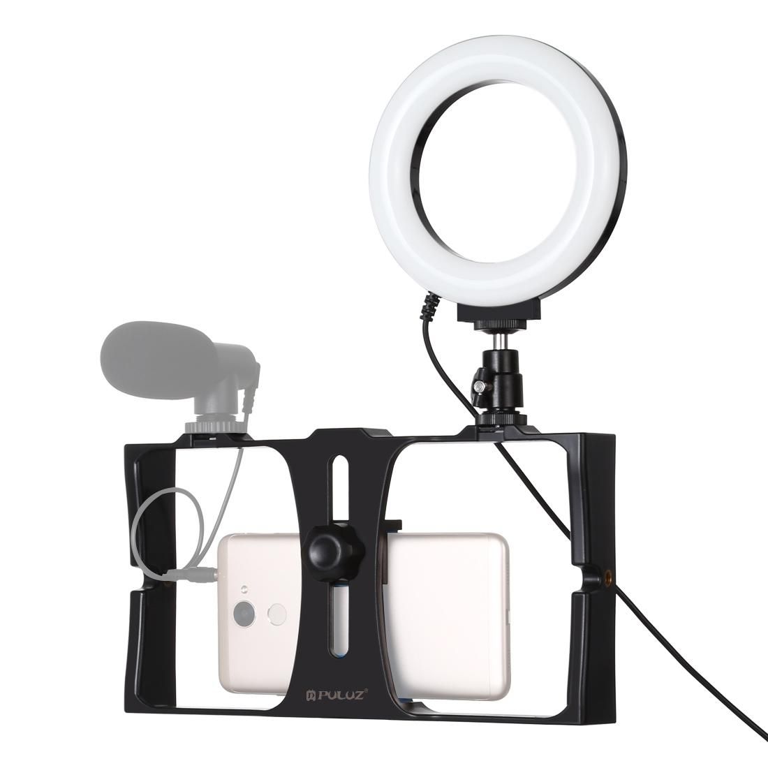 PULUZ 2 in 1 Vlogging Live Broadcast Smartphone Video Rig + 4.7 inch 12cm Ring LED Selfie Light Kits with Cold Shoe Tripod Head for iPhone, Galaxy, Huawei, Xiaomi, HTC, LG, Google, and Other Smartphones (Red)
