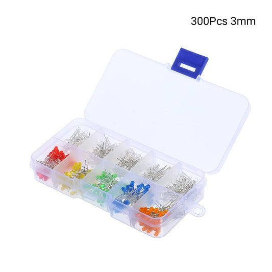 300Pcs 3mm Assorted Color 2-pin LED Light Emitting Diodes - White & Red & Yellow & Green & Blue & Orange