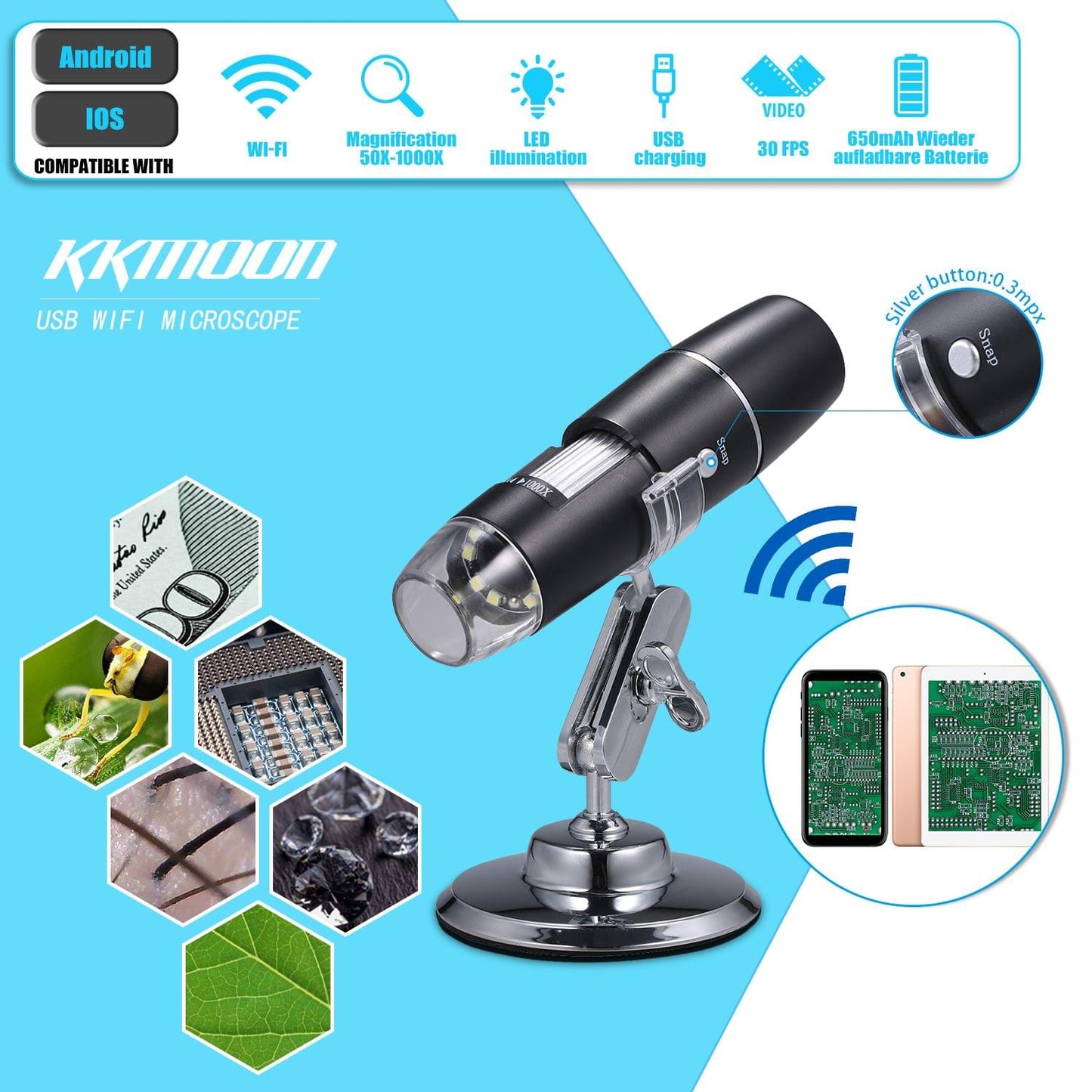KKmoon  Electron Digital Microscope Portable WiFi Wirelessly