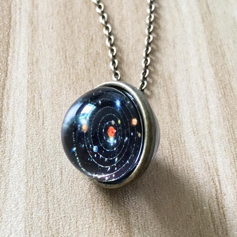 Double-sided Glass Ball Pendant Necklace Gem Universe Star Necklace Handmade Women Men Jewelry (Solar System)