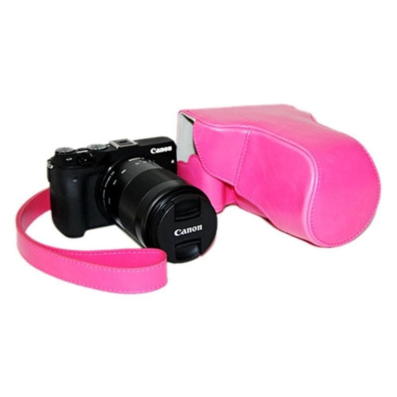 Oil Skin PU Leather Camera Case Bag with Strap for Canon EOS M3 (Magenta)