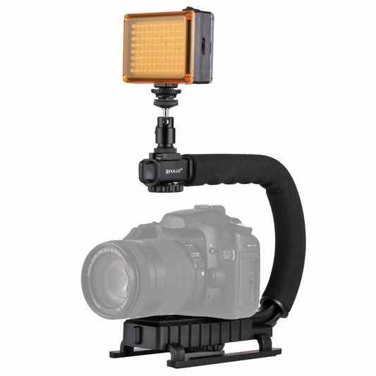 PULUZ U/C Shape Portable Handheld DV Bracket Stabilizer + LED Studio Light Kit with Cold Shoe Tripod Head  for All SLR Cameras and Home DV Camera (Style2)